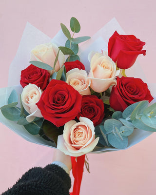 Valentine's Day Red Rose, Pink Rose + Eucalyptus Bouquet (Pre-Order + Collect)