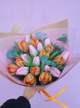 Mother's Day Mixed Pink and Orange Tulips + Eucalyptus Bouquet (Pre-Order + Collect)