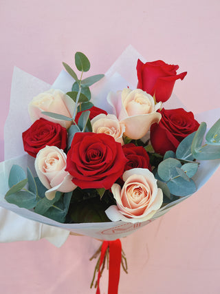 Valentine's Day Red Rose, Pink Rose + Eucalyptus Bouquet (Pre-Order + Collect)