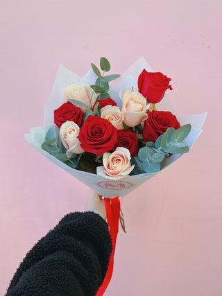 Valentine's Day Pink Roses, Red Roses + Eucalyptus Bouquet