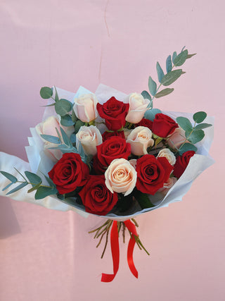 Valentine's Day Pink Roses, Red Roses + Eucalyptus Bouquet