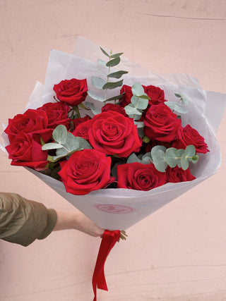 Valentine's Day Red Roses + Eucalyptus Bouquet