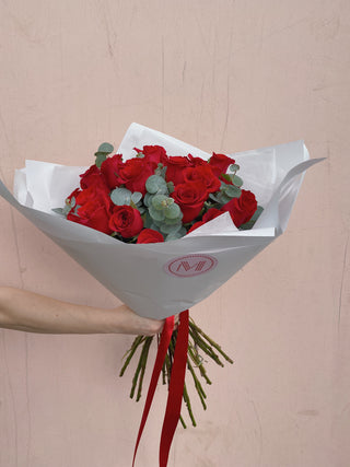 Valentine's Day Red Roses + Eucalyptus Bouquet