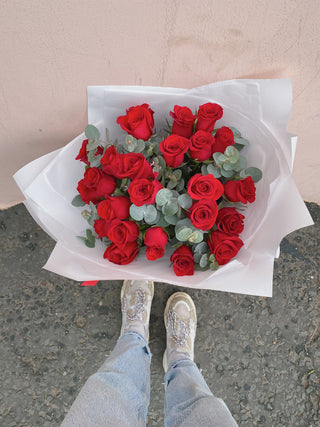 Valentine's Day Red Roses + Eucalyptus Bouquet